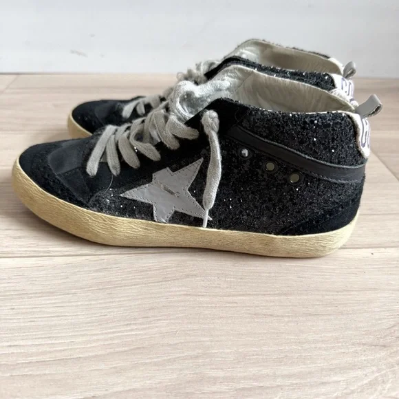 Authentic Golden Goose Mid Stars with Black Glitter Accents Size 37 - Picture 2 of 12
